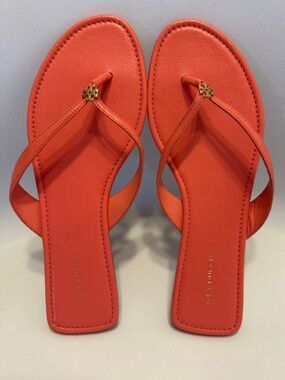 Tory Burch Coral Leather Thong Sandals with Gold Logo Medallion